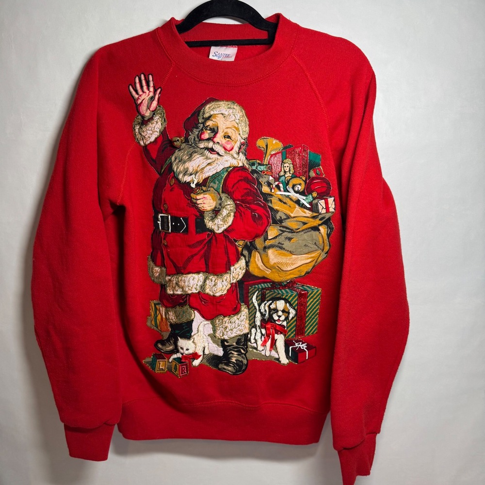 90s OOAK‎ Santee Sweats Vtg Red Santa Claus Dog Cat Christmas Sweatshirt Large